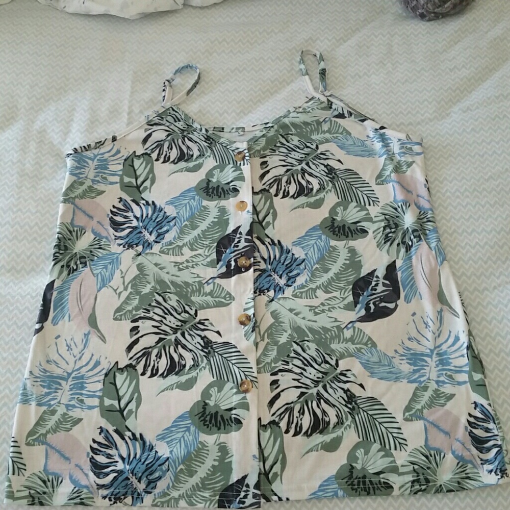 NWOT Blue and green palm print button down tank top
